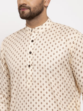 Jompers Men Cream-Coloured Printed Kurta with Pyjamas