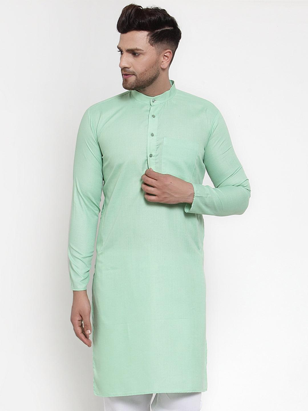Jompers Men Green & White Solid Kurta Only
