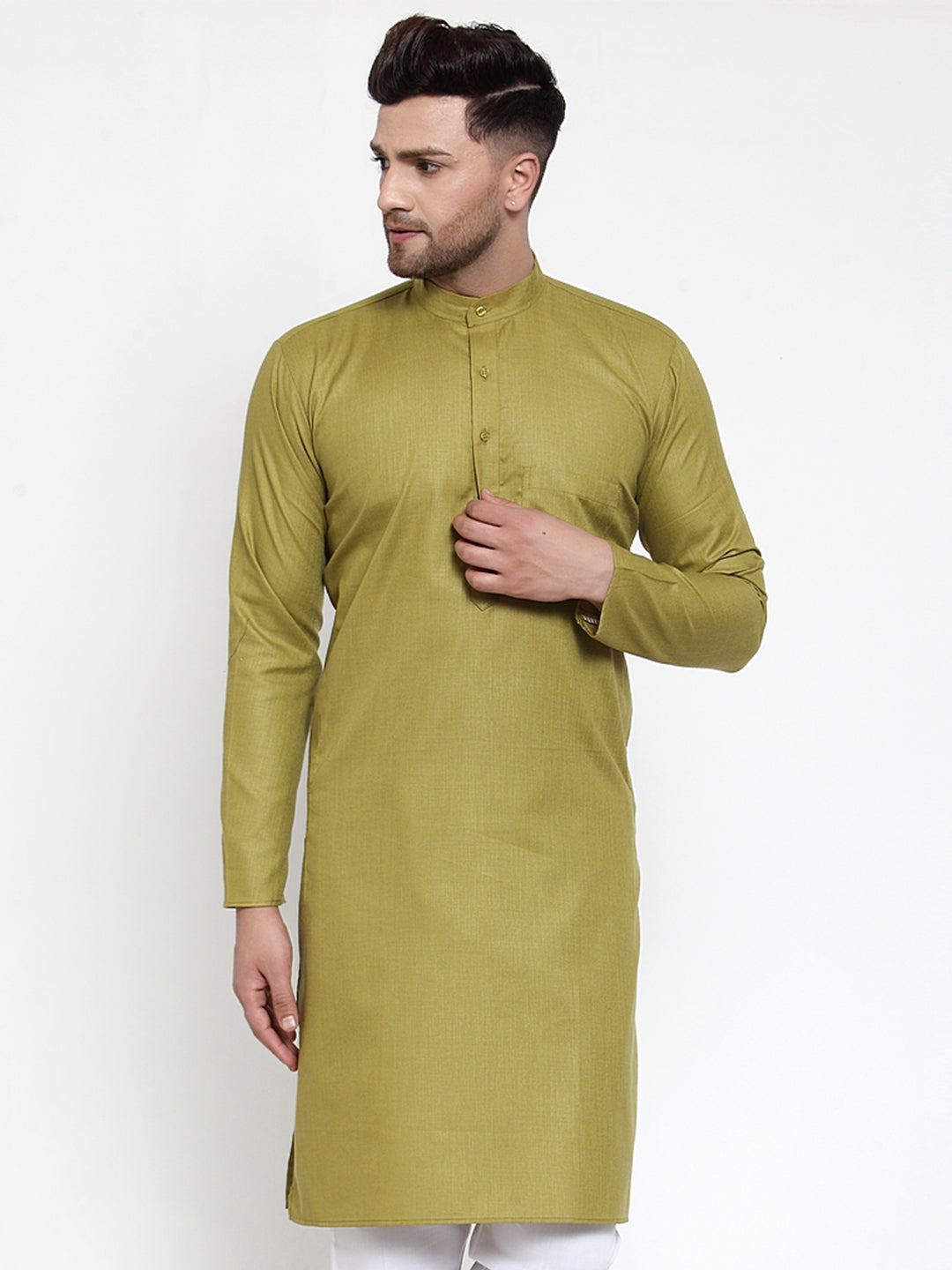 Jompers Men Olive Green & White Solid Kurta Only