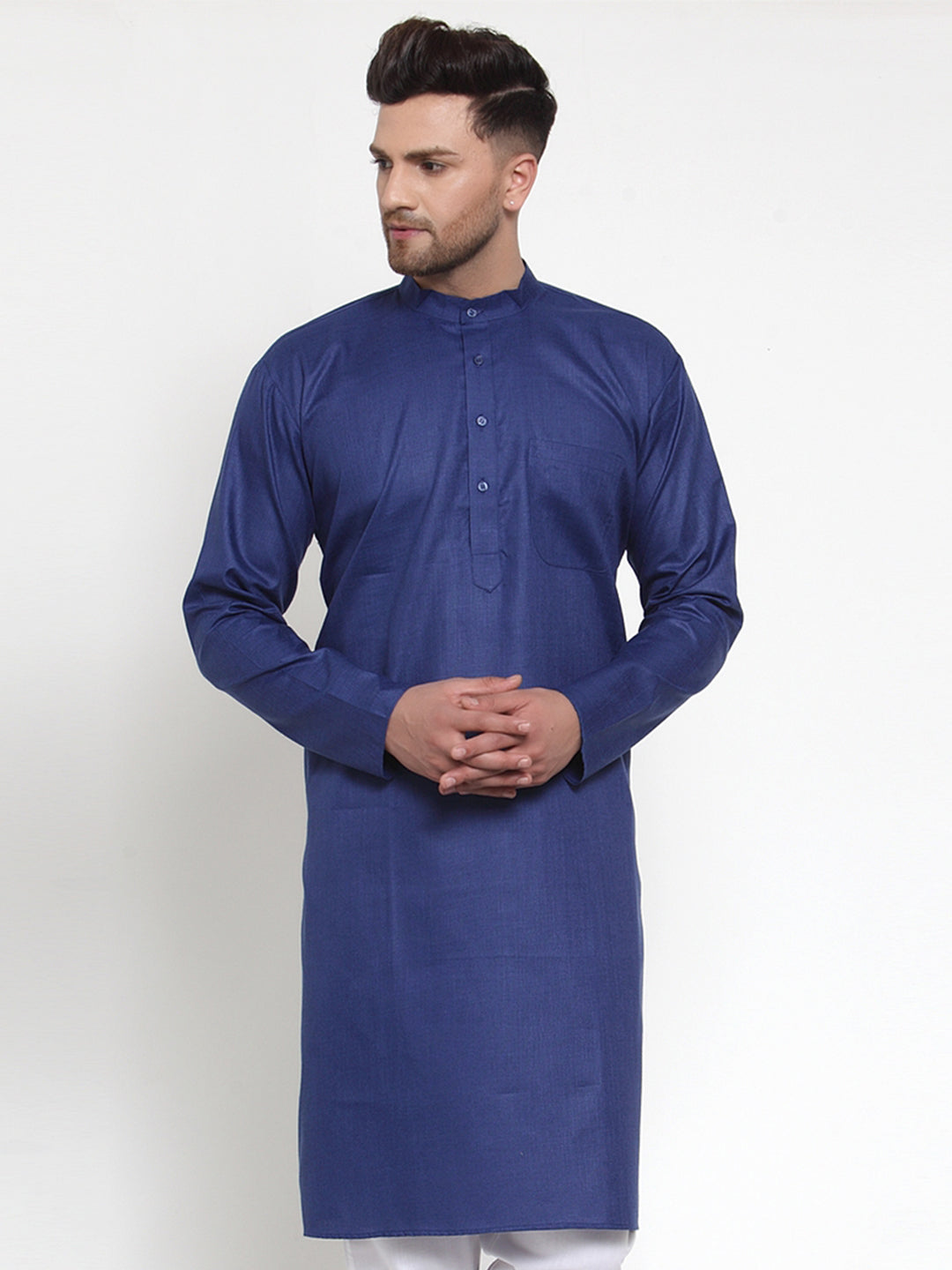 Jompers Men Royal-Blue & White Solid Kurta Only