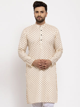 Jompers Men Cream-Coloured Printed Kurta Only