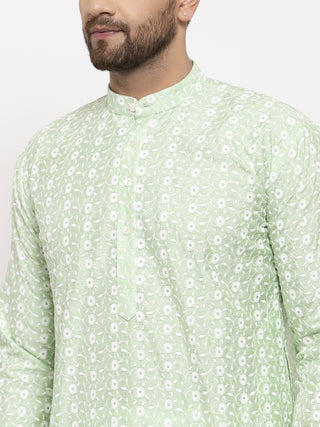 Jompers Men Mint Green Embroidered Kurta Only