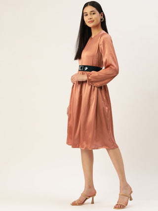 Women Peach-Coloured Satin Dress with Belt