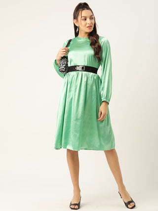 Women Green-Coloured Satin Dress with Belt