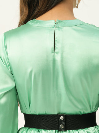 Women Green-Coloured Satin Dress with Belt