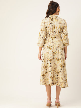 Women Abstract Printed Crepe Shirt Collar Maxi Dress with Belt
