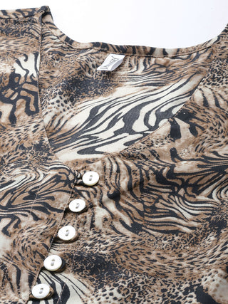Women Animal Print Puff Sleeves Crepe Midi Dress
