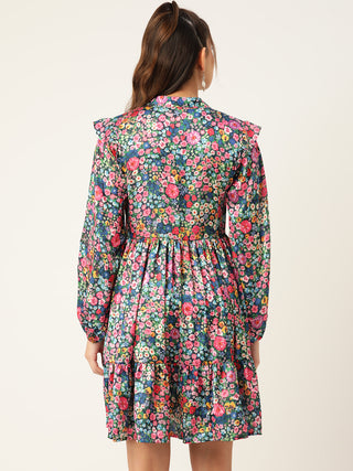 Women Blue & Pink Floral Printed Puff Sleeves Tiered Satin Dress