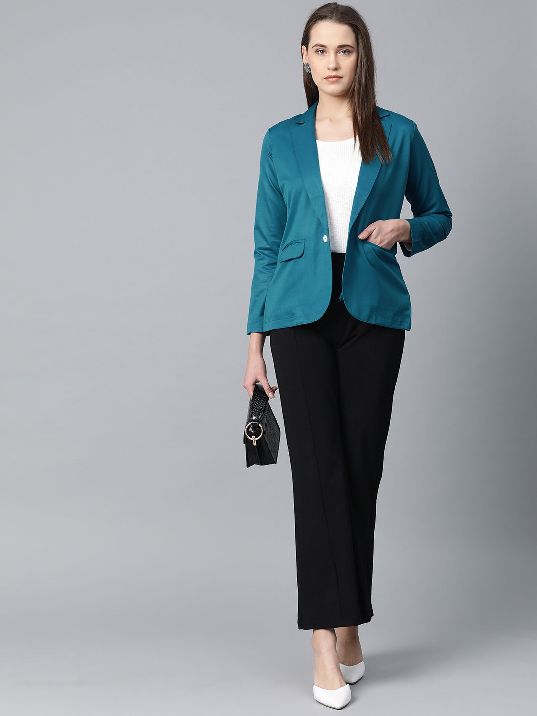 Jompers Women Teal Blue Solid Single-Breasted Smart Casual Blazer