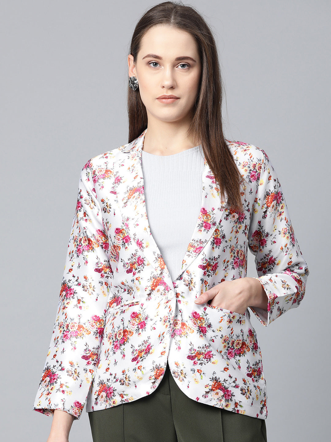 Jompers Women Grey & Pink Satin Floral Print Single-Breasted Casual Blazer