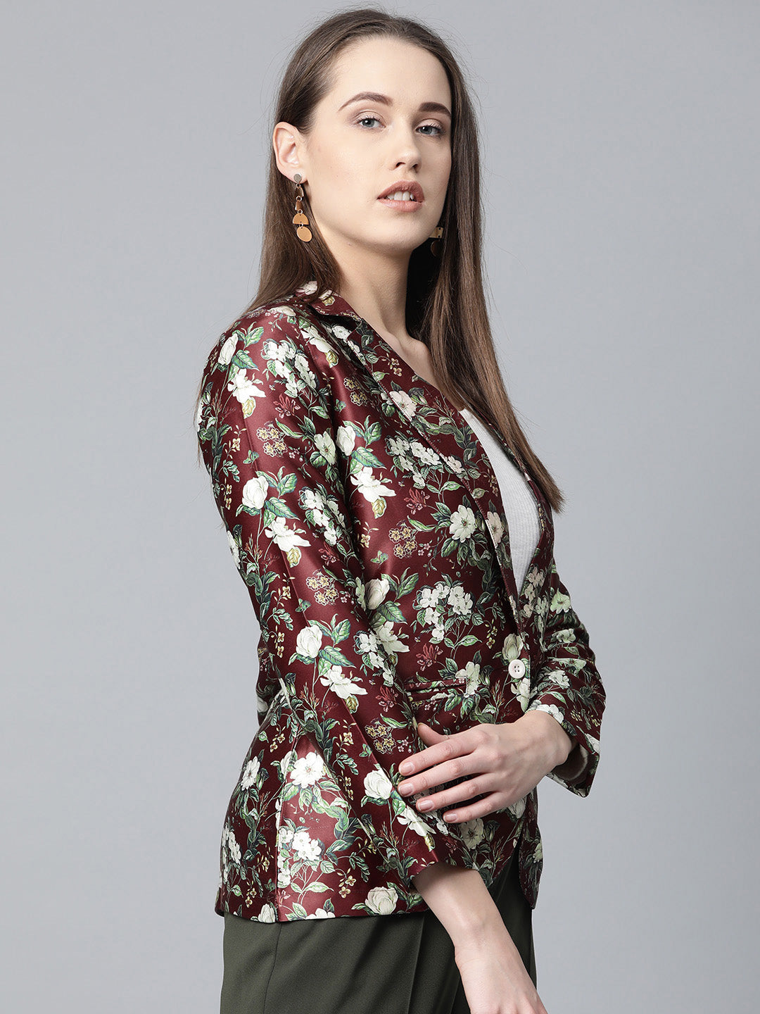 Jompers Women Maroon & Green Satin Floral Print Single-Breasted Casual Blazer
