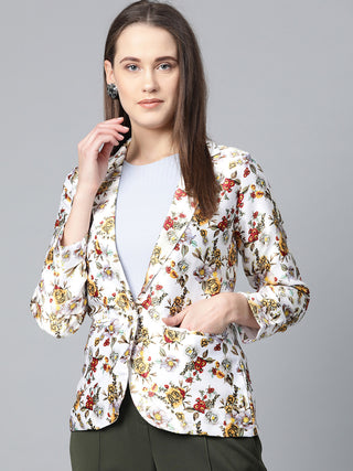 Jompers Women White & Yellow Satin Finish Floral Print Single-Breasted Blazer