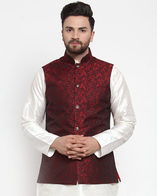 Jompers Men Maroon-Coloured & Black Woven Design Nehru Jacket