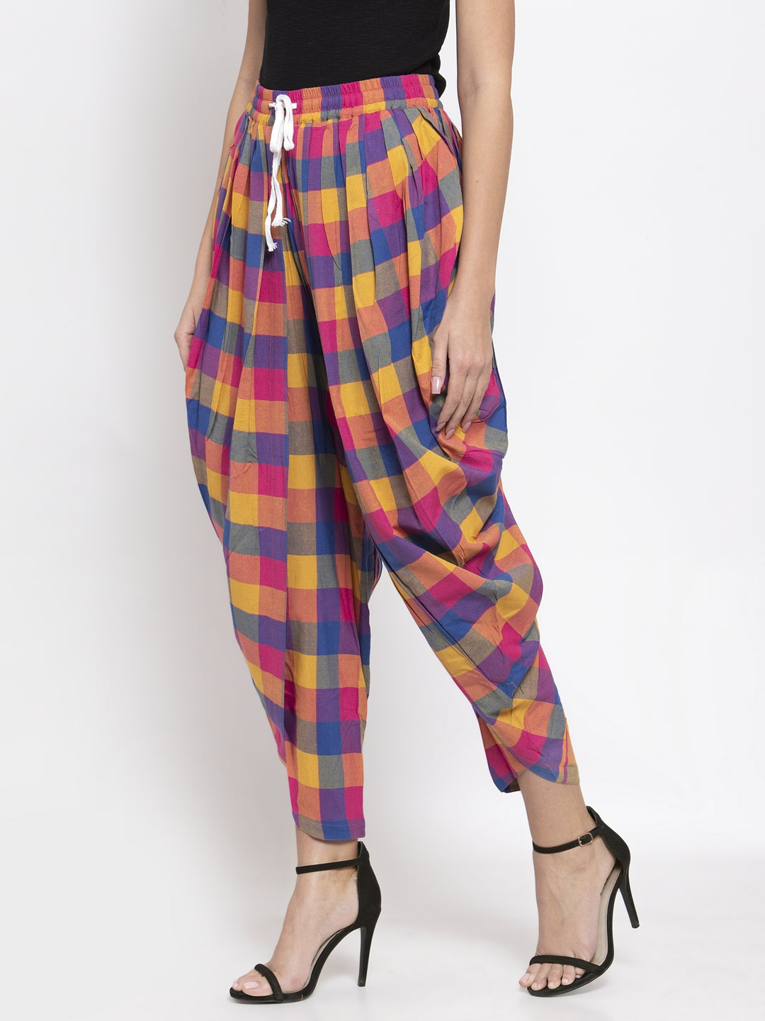 Jompers Women Pink and Yellow Checked Dhoti