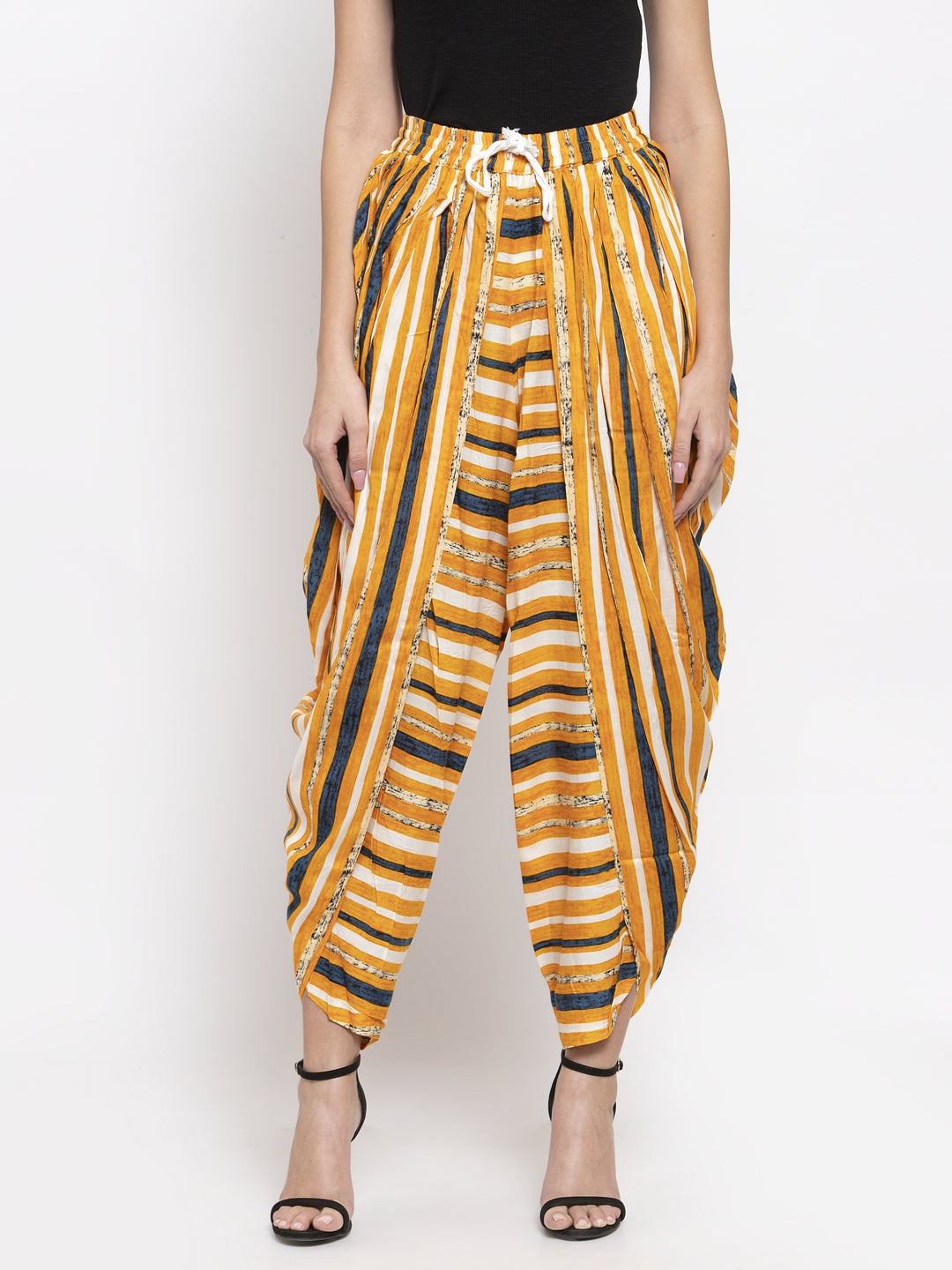 Jompers Women Yellow and Blue Stripped Dhoti