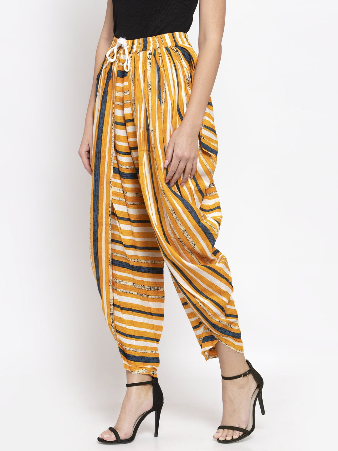 Jompers Women Yellow and Blue Stripped Dhoti