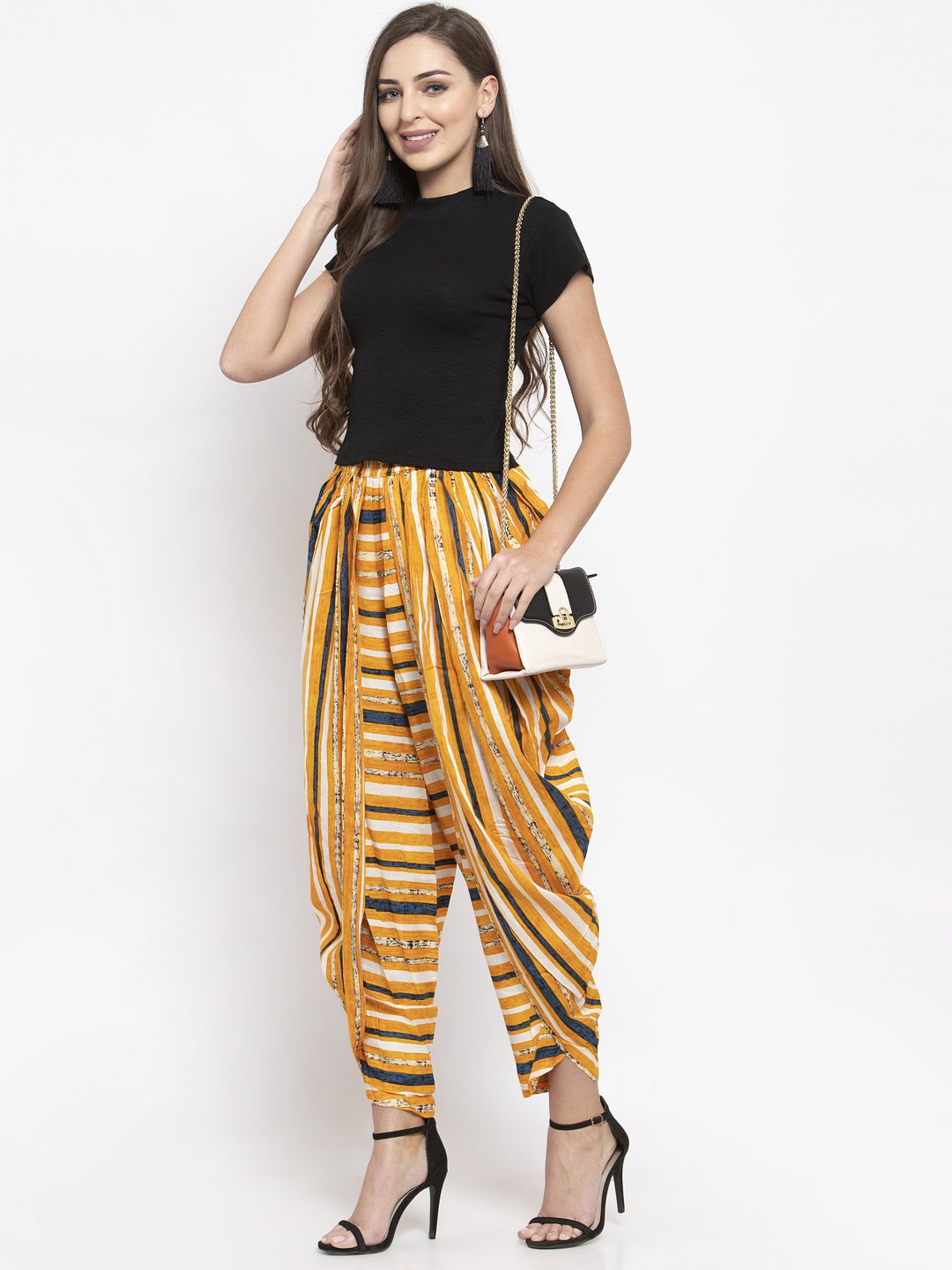 Jompers Women Yellow and Blue Stripped Dhoti