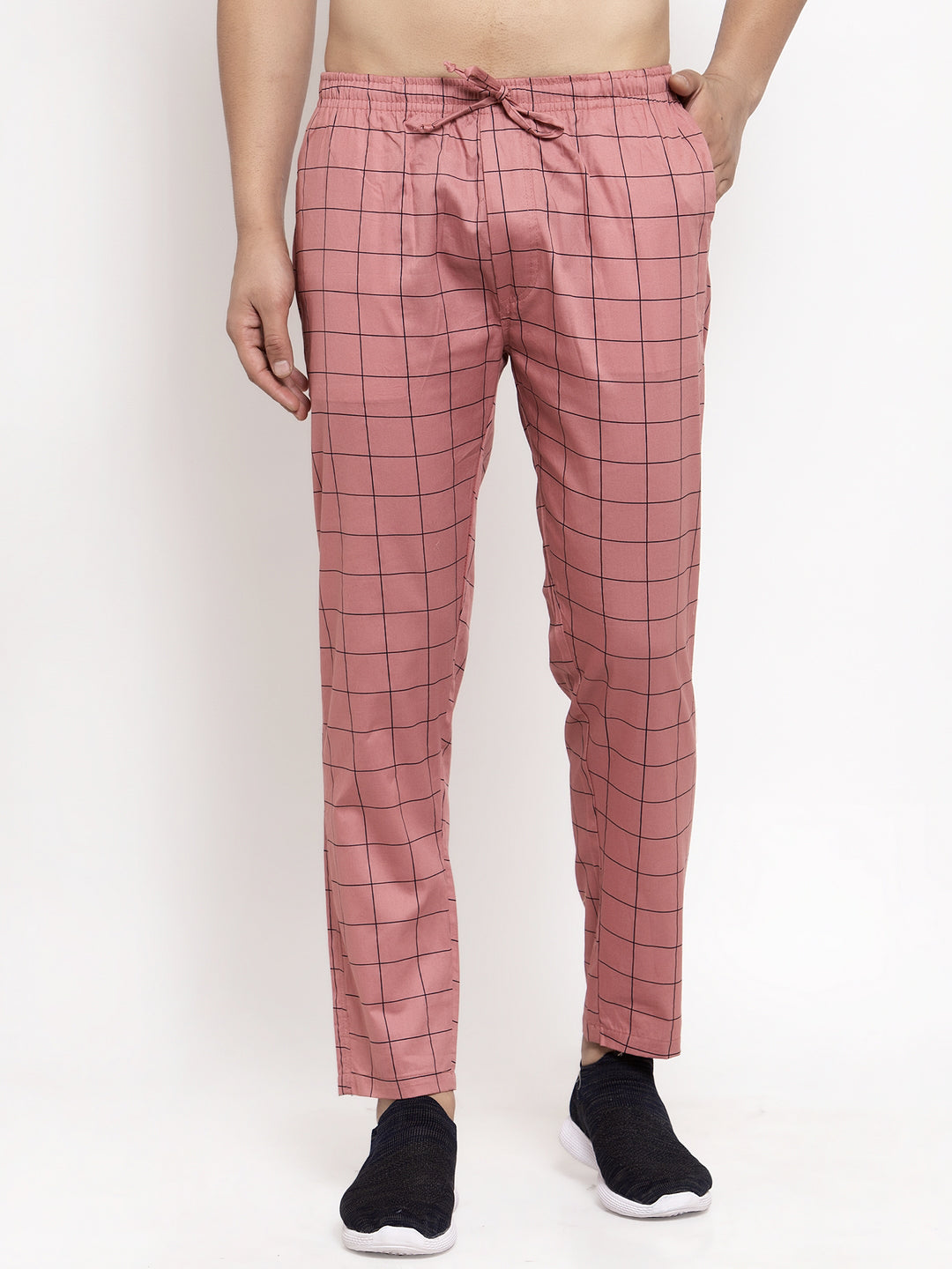 Jainish Men's Peach Checked Cotton Track Pants