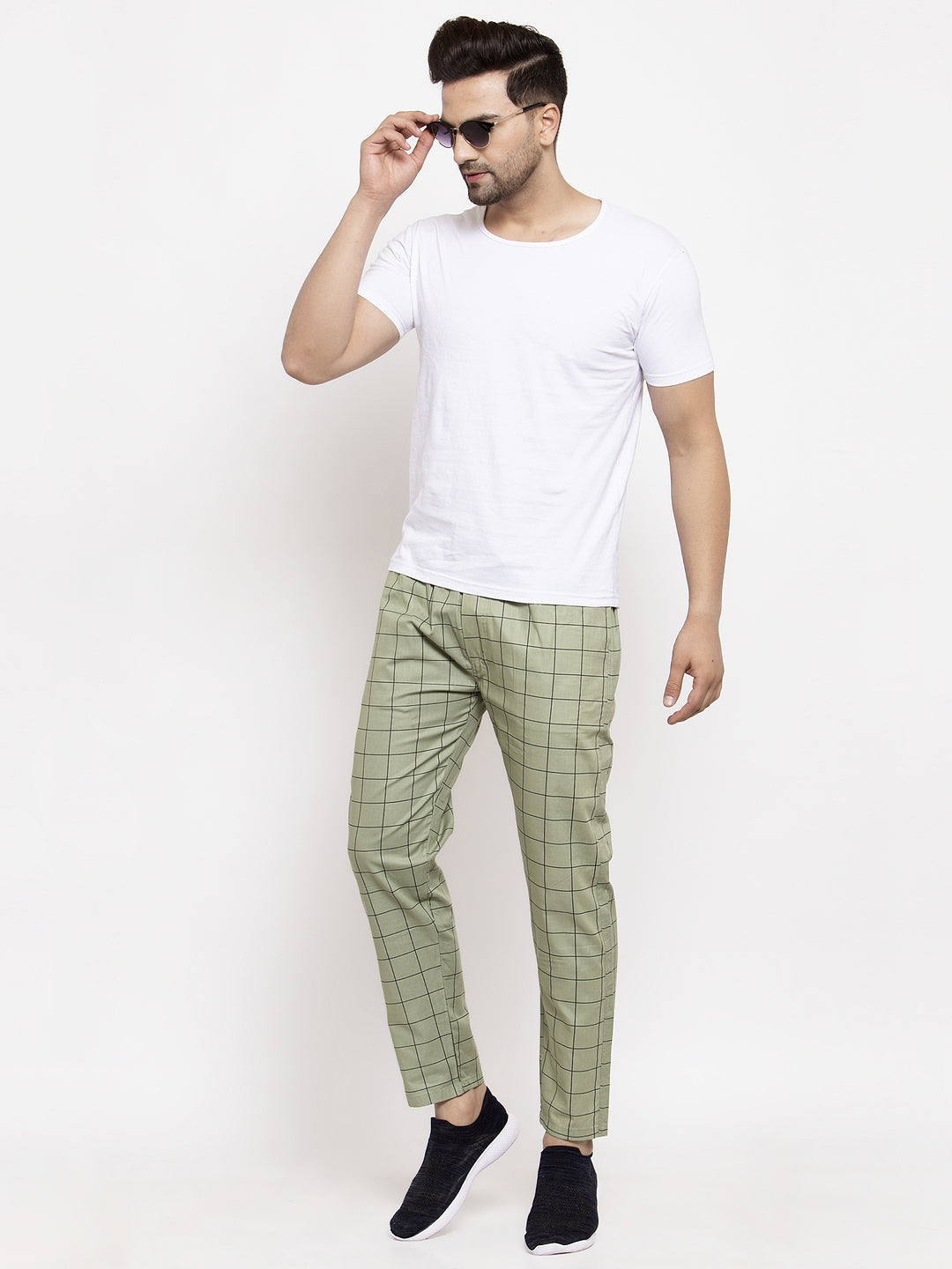 Buy SOJANYA Men Cotton Blend Beige & Green Checked Formal Trousers Online