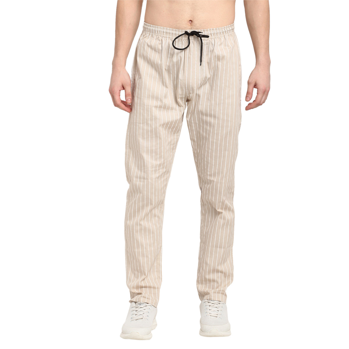 Jainish Men's Beige Cotton Striped Track Pants