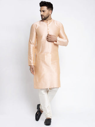 Jompers Men's Peach Solid Dupion Silk Kurta Payjama Set