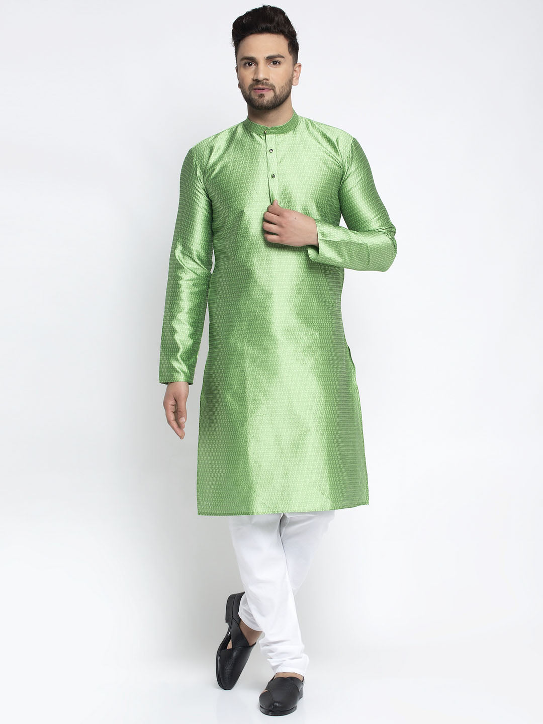 Jompers Men Green & White Woven Design Kurta with Pyjamas