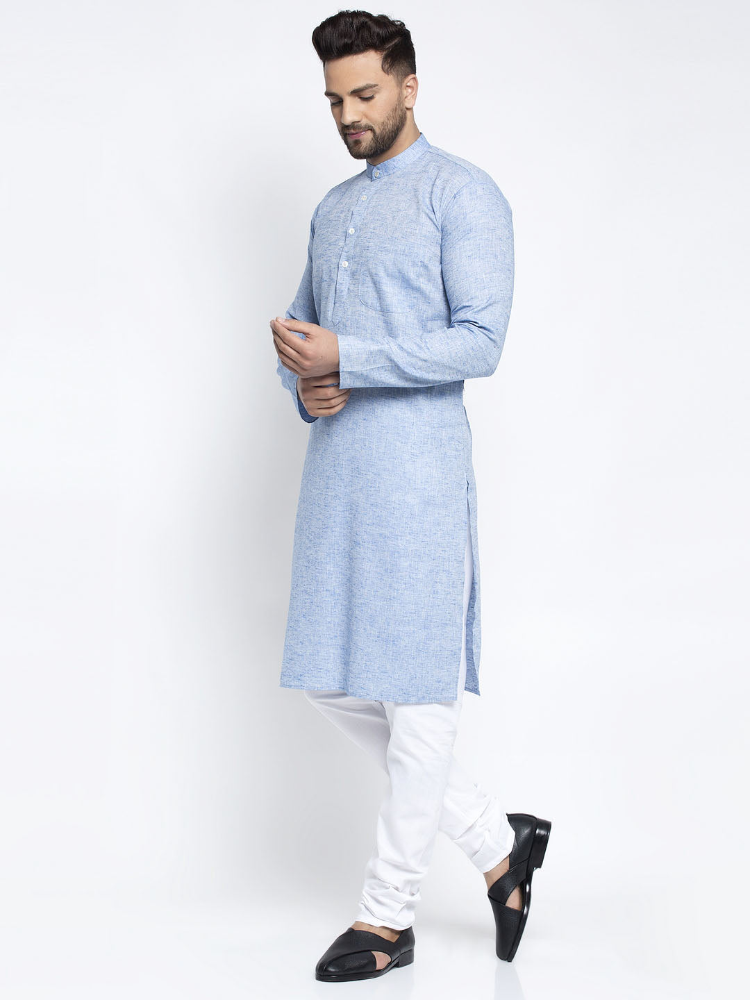 Jompers Men Blue & White Self Design Kurta with Pyjamas
