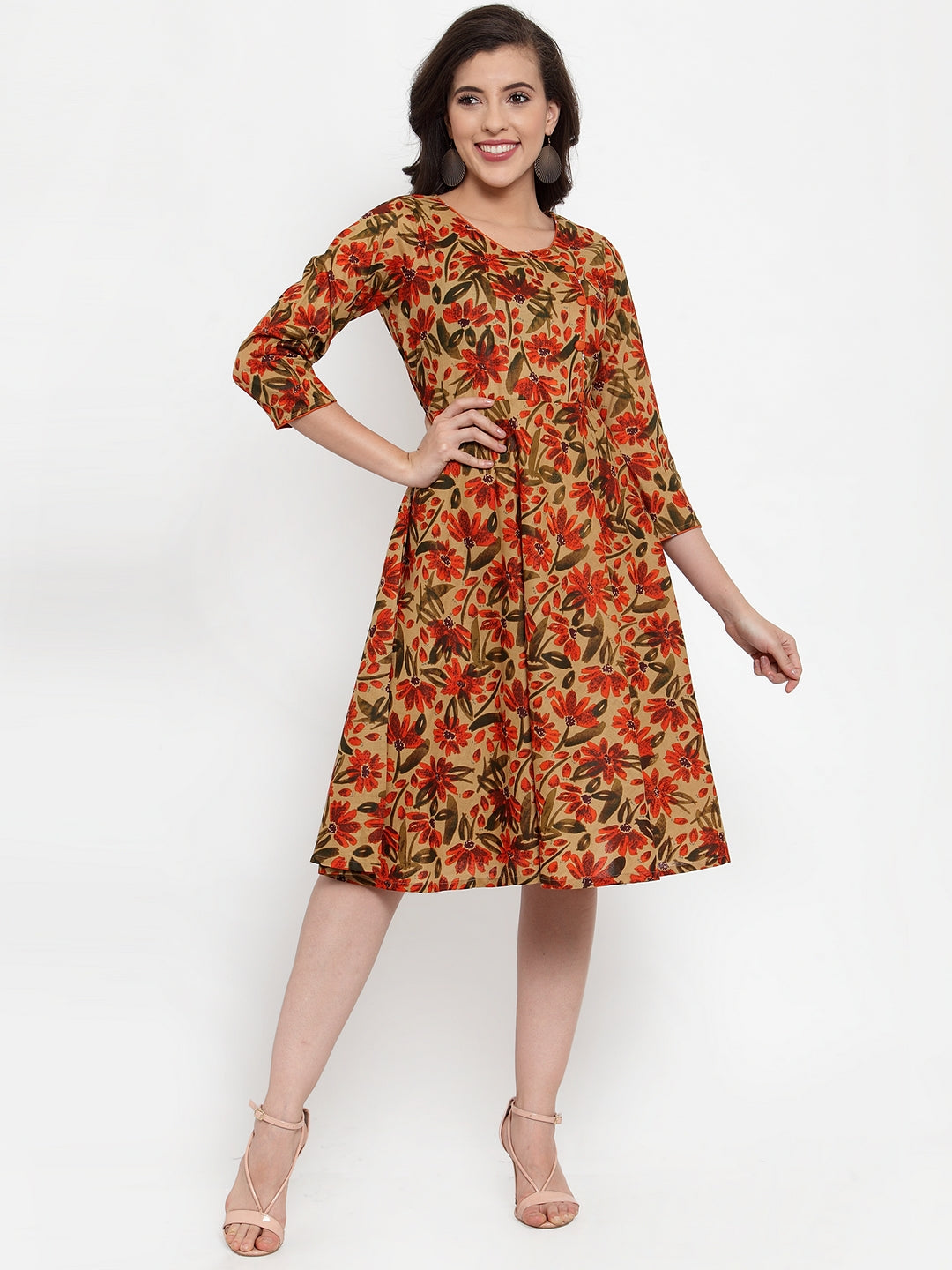 Jompers Women Brown & Green Floral Print Angrakha A-Line Kurta