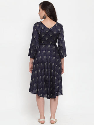 Women Navy Blue Printed Fit and Flare Ethnic Dress