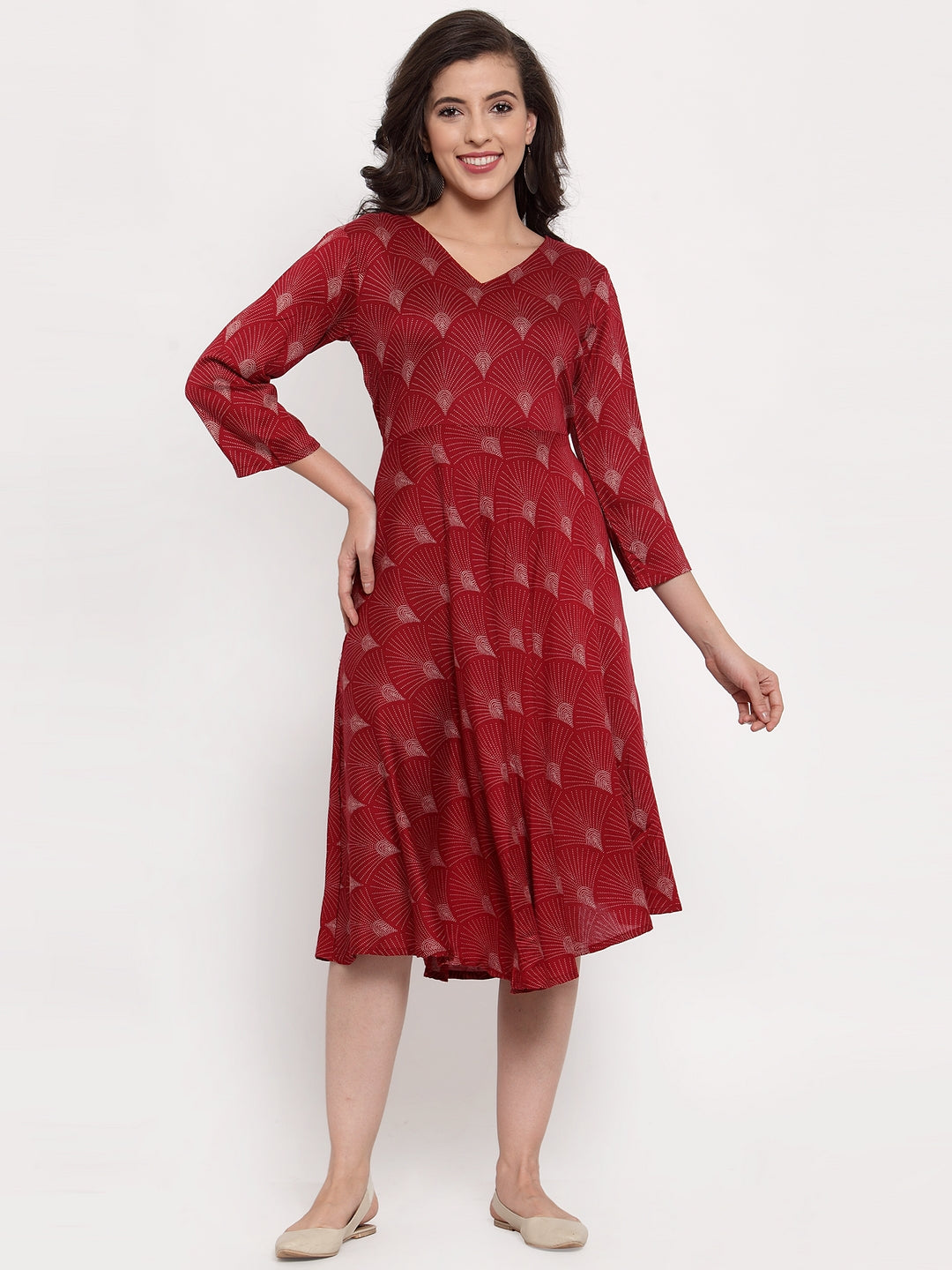 Women Maroon Printed Fit and Flare Ethnic Dress