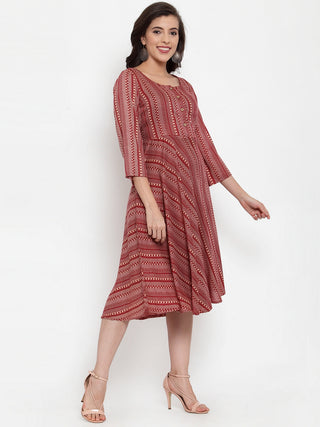 Women Maroon Printed Fit and Flare Ethnic Dress