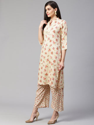 Jompers Women Cream-Coloured & Red Floral Print Kurta with Palazzos