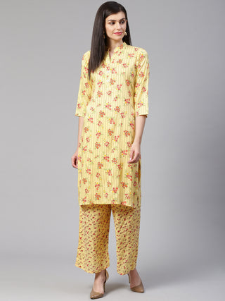 Jompers Women Yellow-Coloured & Red Floral Print Kurta with Palazzos