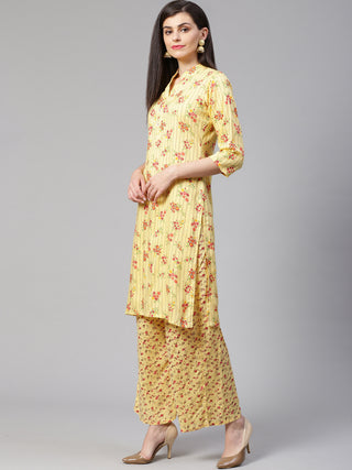 Jompers Women Yellow-Coloured & Red Floral Print Kurta with Palazzos
