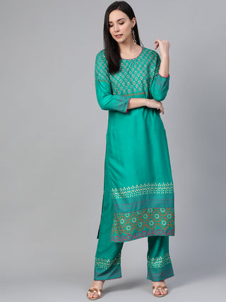 Women Rama-Green & Golden Yoke Design Kurta with Palazzos