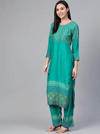 Women Rama-Green & Golden Yoke Design Kurta with Palazzos