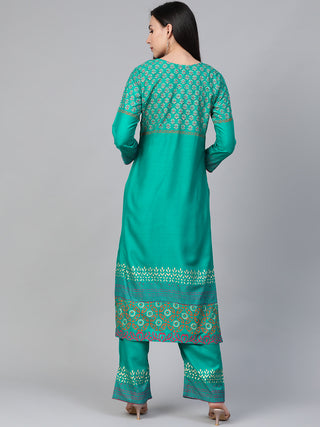 Women Rama-Green & Golden Yoke Design Kurta with Palazzos