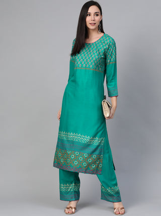 Women Rama-Green & Golden Yoke Design Kurta with Palazzos