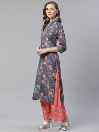 Jompers Women Charcoal Grey & Pink Floral Printed Kurta with Palazzos