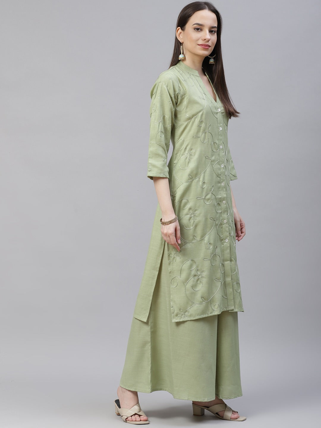 Women Lime Green & Pink Floral Embroidered Kurta with Palazzos & Dupatta