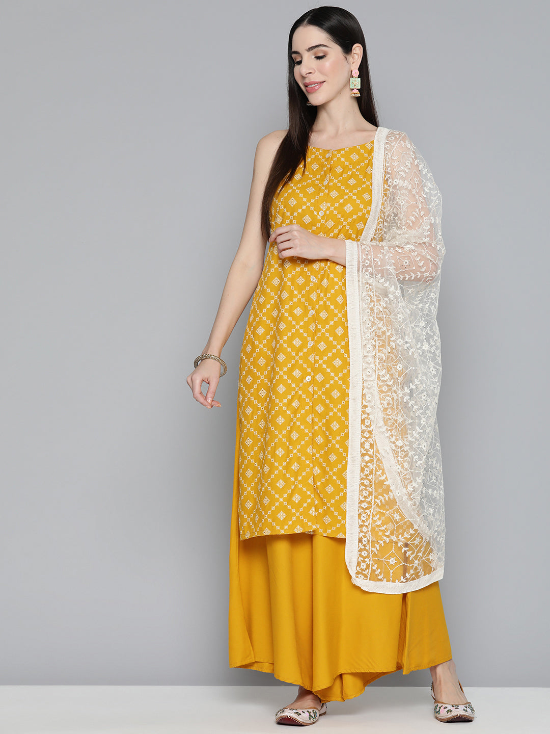 Jompers Printed Kurta with Palazzos & With Chikankari Dupatta