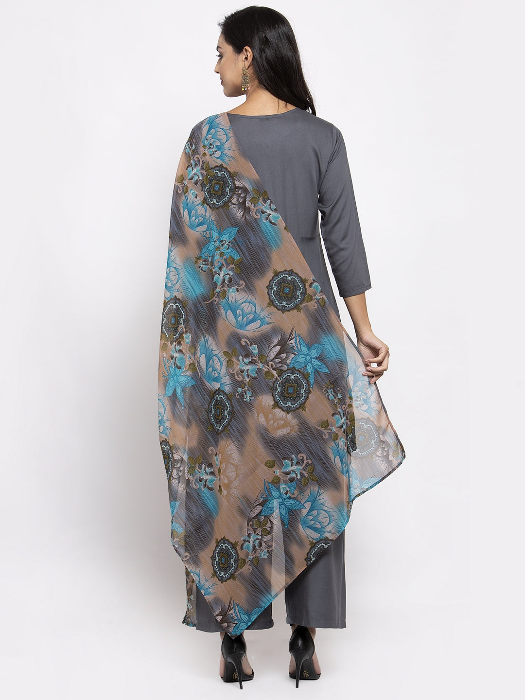 Jompers Women Grey Solid Kurta with Palazzos & Gorgette Printed Dupatta