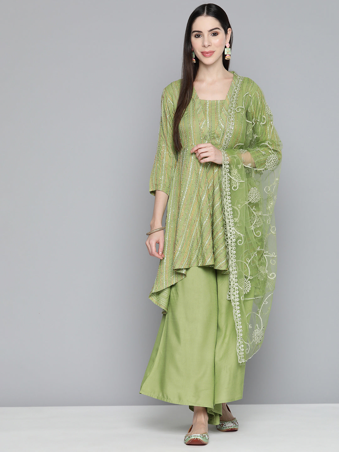 Green Sequinned Kurta with Palazzos & With Dupatta