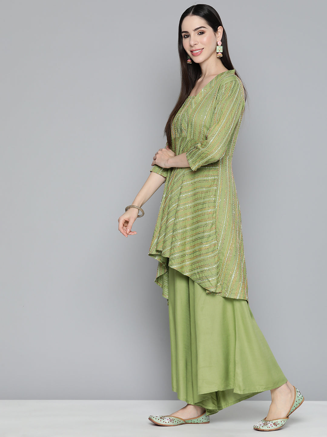 Green Sequinned Kurta with Palazzos & With Dupatta