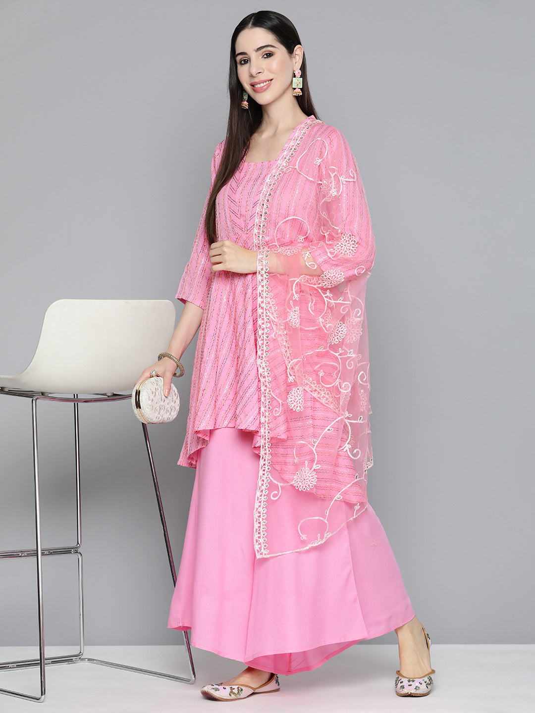 Pink Sequinned Kurta with Palazzos & With Dupatta