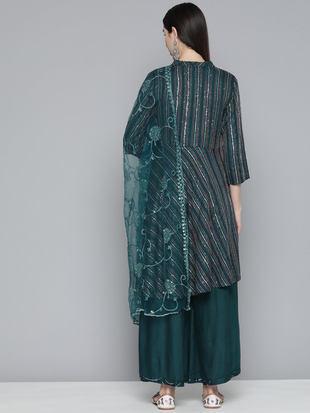 Teal Sequinned Kurta with Palazzos & With Dupatta
