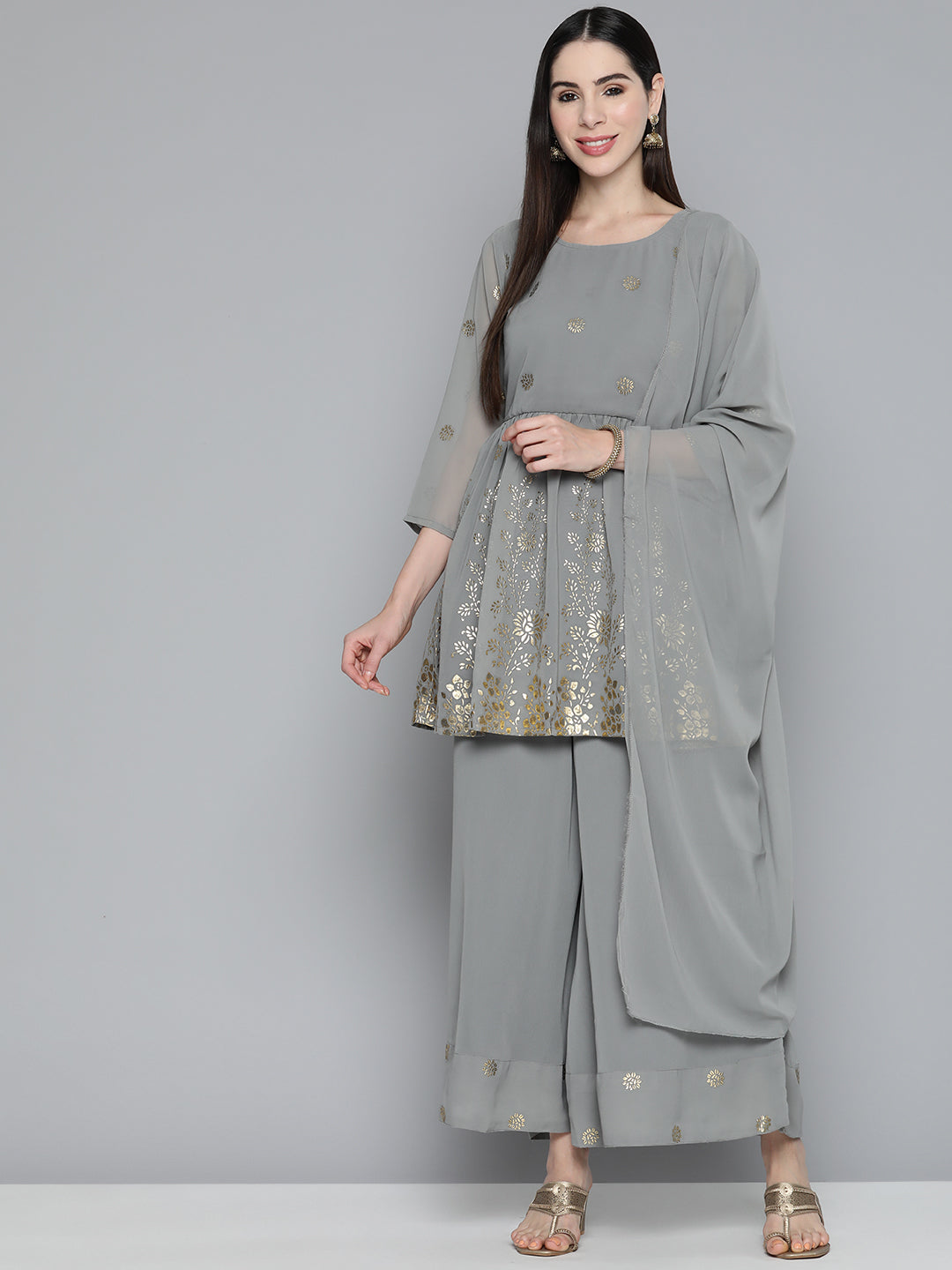 Floral Printed Pleated Grey Georgette Kurta with Palazzos & With Dupatta