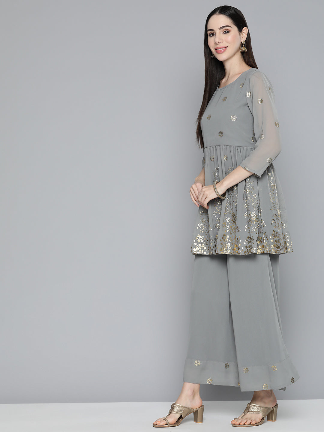 Floral Printed Pleated Grey Georgette Kurta with Palazzos & With Dupatta