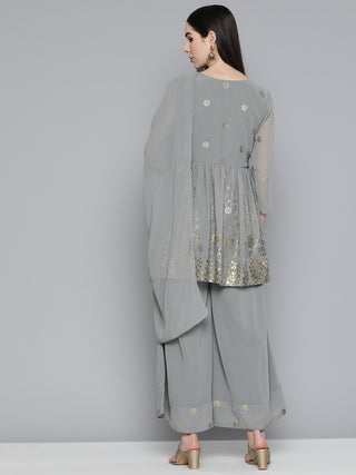 Floral Printed Pleated Grey Georgette Kurta with Palazzos & With Dupatta