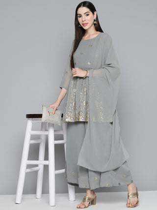 Floral Printed Pleated Grey Georgette Kurta with Palazzos & With Dupatta